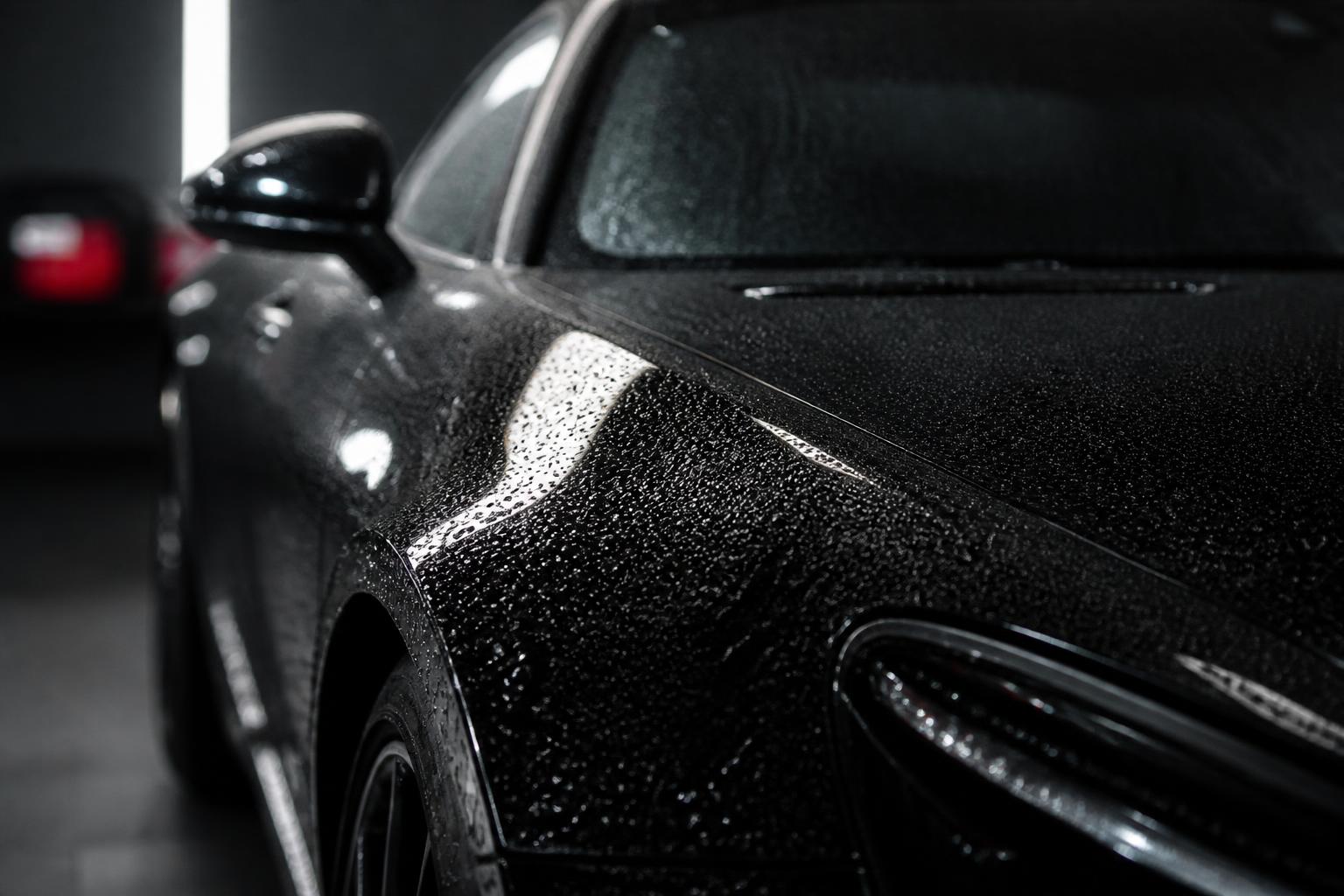 Black luxury car with water beading across the paint